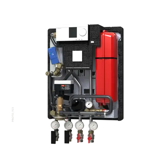 Hausstation mit verschiedenen Anschlüssen und Komponenten zur Heizungssteuerung, ausgestattet mit Elementen von Danfoss, darunter Druckanzeigen und Regelungseinheit.